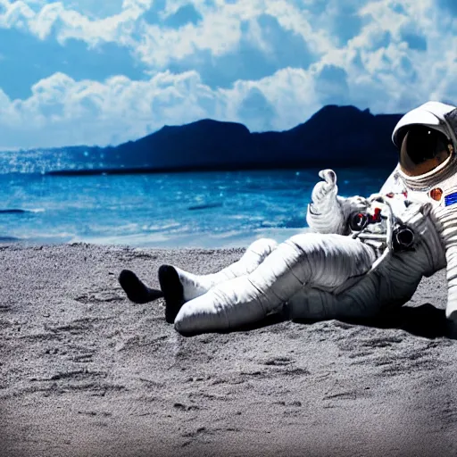 Image similar to an astronaut lounging in the beach, dramatic lighting, cinematic, extremly high detail, photorealistic, cinematic lighting, nasa footage