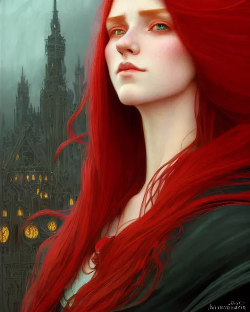 Image similar to long fancy red hair mage, portrait, gentle, scowl, cloth, female, city background, d & d, fantasy, intricate, elegant, digital painting, red green color palette, artstation, octane render, concept art, matte, sharp focus, illustration, herrarthstone, art by artgerm and greg rutkowski and alphonse mucha