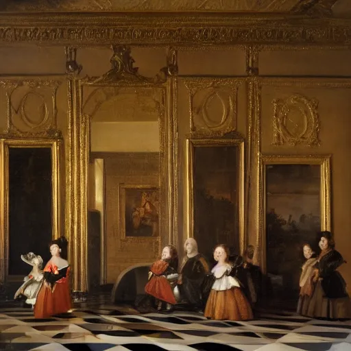 Image similar to family portrait in the main room of the castle painted in 1 6 5 6, dark room, one point of light coming through one big window inspired by las meninas, spaces between subjects and good detail and realistic face form for each person in the canva, inspired by diego velasquez better quiality