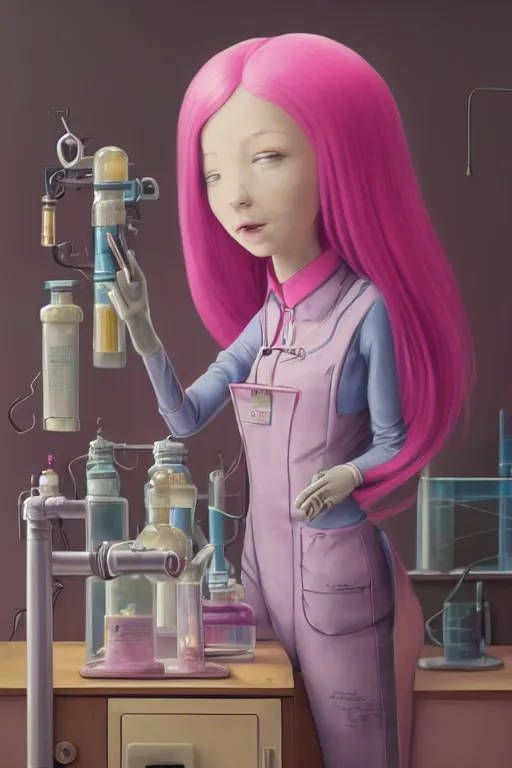 Image similar to highly detailed, industrial photography, profile photo of adult princess bubblegum from adventure time, working in her science lab, wearing lab coat, long bubblegum hair, long straight bangs, confident, beautiful, attractive, illustration concept art by nicoletta ceccoli, mark ryden, lostfish, detailed and intricate environment, 8 k resolution, hyperrealistic, octane render