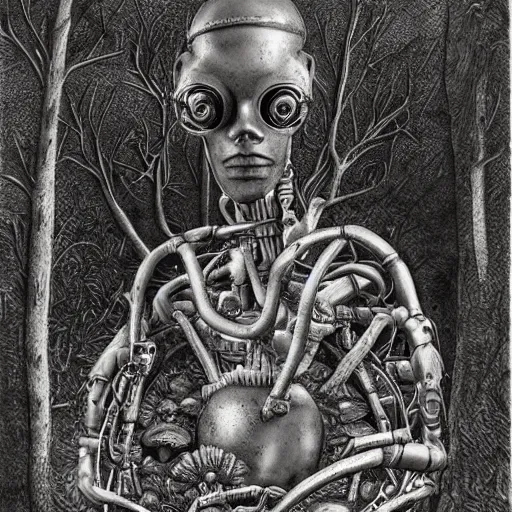 Prompt: A Cybernetic Thinker sculpture, sitting in a open forest, mushrooms and peyote at the base, high detail, b&w, ornate naturalist sketch