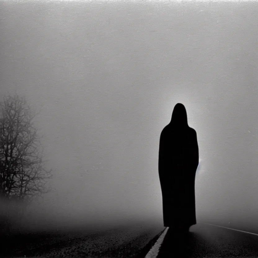 Image similar to 1 9 8 0's recovered film of a pale white figure standing silently on the side of a misty road, photorealistic, grainy, camcorder, old film, low quality, horror, creepy, unsettling, liminal, strangely terrifying