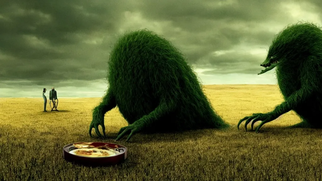 Image similar to the strange creature likes to eat, made of Chlorophyll and metal, film still from the movie directed by Denis Villeneuve with art direction by Salvador Dalí