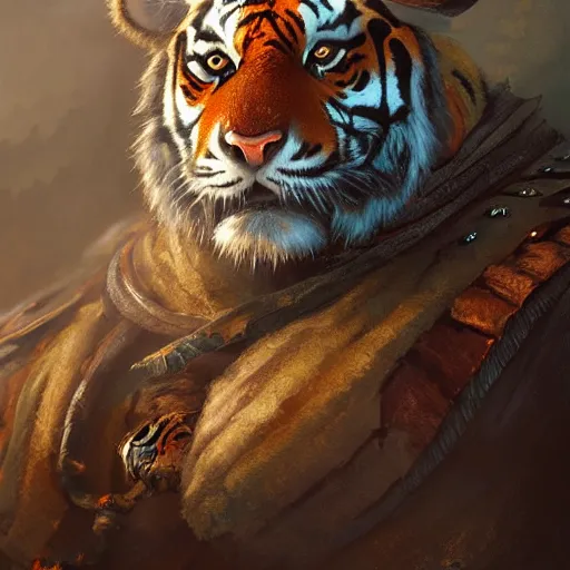 Image similar to a detailed portrait of a tiger earth sorcerer dressed with a leather armor, by justin gerard and greg rutkowski, digital art, realistic painting, dnd, character design, trending on artstation