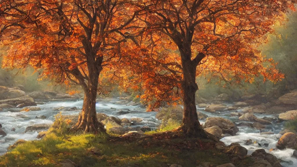 Prompt: A beautiful oil painting of a single tree, the tree is in the rule of thirds, a family is under the tree having a picnic, the kids are playing in the river, the fall has arrived and the leafs started to become golden and red, the river is flowing its way, the river has lots of dark grey rocks, oil painting by Greg Rutkowski