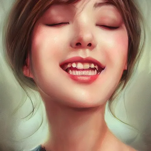 Prompt: a portrait photo of a beautiful young woman with a happy expression and closed eyes, art by artgerm