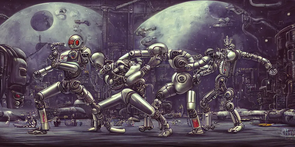 Prompt: digital painting of robot mixed martial arts in space, by michael whelan and h. r. giger, highly detailed, steampunk, mix of styles, intricate, ghost in the shell color scheme, boxing, kickboxing