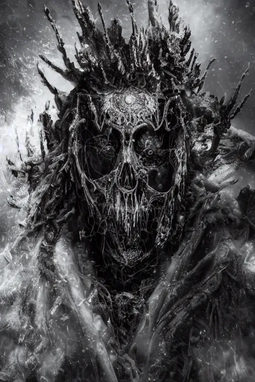 Prompt: a portrait of an ancient decayed lich king, dark fantasy setting, dynamic pose, cobwebs and dust, decay, close - up, intricate details, intricately detailed clothing, intricate textures, warm lighting, vivid colors, smoke and mist, realistic octane render, hyper realistic render, volumetric shading, depth of field, raytracing, 8 k,