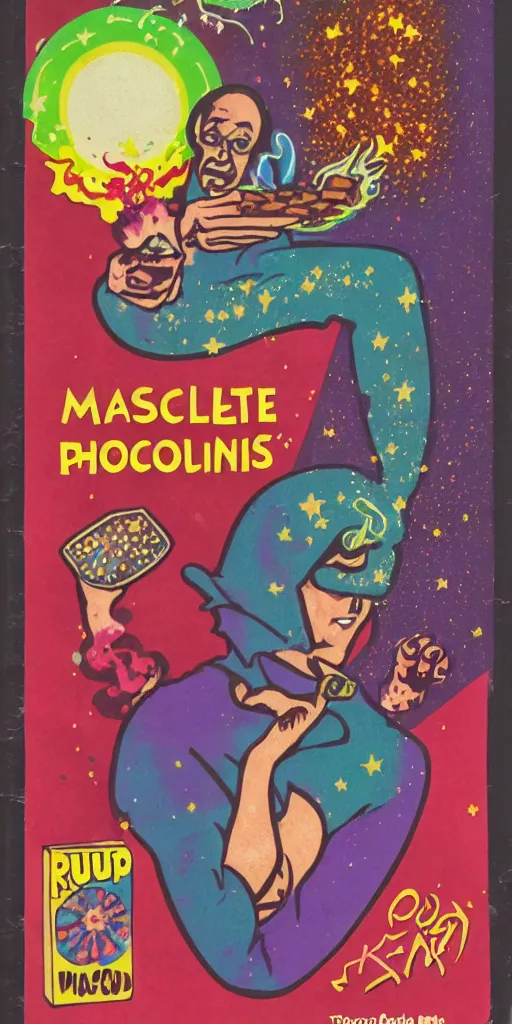 Prompt: pulp cover of a magical chocolate chunks cookie, wizard, fantasy, tetrahydrocannabinol, thc, hallucination, colored smoke, sparkles, sativa, indica, illustration, 5 0 s, risography,