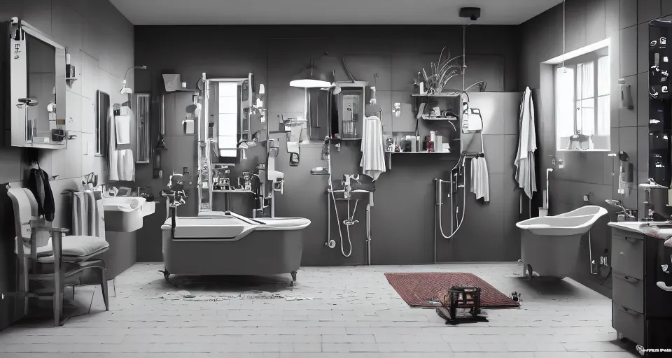 Prompt: IKEA catalogue photo of an epic cyberpunk bathroom, designed by Nikola Tesla, 8k, HD, realistic, cinematic