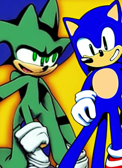 Image similar to sonic the hedgehog and jotaro kujo from jojo's bizarre adventure hanging out, photorealistic