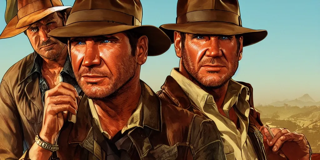 Prompt: indiana jones by himself in gta v, cover art by stephen bliss, boxart, loading screen. 8 k resolution