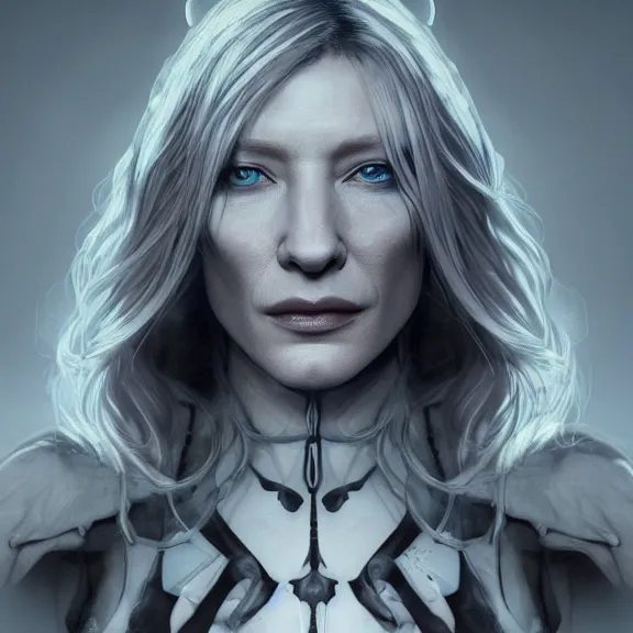 Image similar to a centered symmetrical portrait of cate blanchett as a necromancer, hyper detailed, facial texture, cinematic light, octane render, artstation