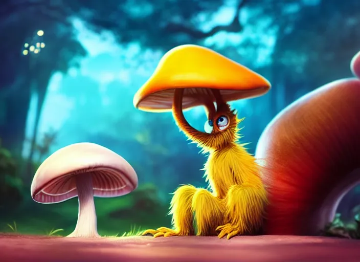 Image similar to a cute dr seuss creature sitting next to a mushroom, dof, artgerm lau, wlop, rossdraws, artstation, cgsociety, concept art, octane render, unreal engine, 4 k, 8 k