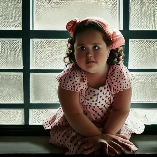 Image similar to charming and chubby girl, wearing a polka dot dress and a victorian - style hairdo on her head, sits in the large and bright studio. sunlight enters through the barred window. very realistic shiny skin. subsurface scattering shiny skin. beautiful lighting, 4 k post - processing, highly detailed, 5 k extremely detailed, 3 d. cinematic scene.