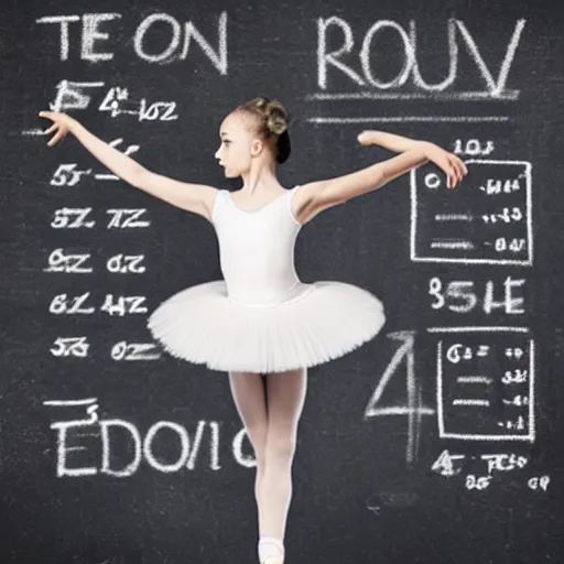 Image similar to photo of teen ballerina teaching formulas to Einstein at blackboard, photorealistic ultra realistic