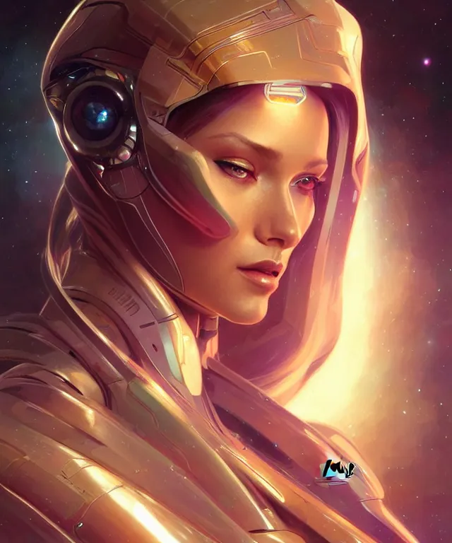 Image similar to futuristic space woman portrait, sci-fi, amber eyes, face, long hair, fantasy, intricate, elegant, highly detailed, digital painting, artstation, concept art, smooth, sharp focus, illustration, art by artgerm and greg rutkowski and alphonse mucha