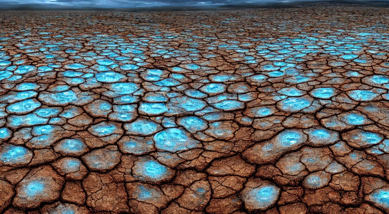 Prompt: Massive raindrops over dried up river on dead land, hyper detailed photorealistic, dramatic lighting, global warming, blue sky