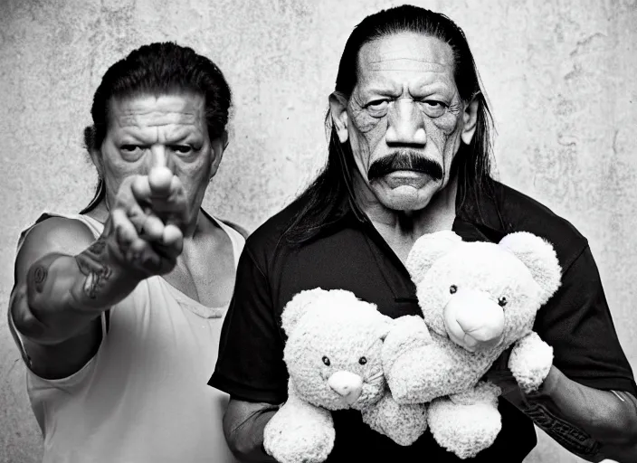 Image similar to photo still of danny trejo at the county fair!!!!!!!! at age 5 6 years old 5 6 years of age!!!!!!!! holding a teddy bear he won, 8 k, 8 5 mm f 1. 8, studio lighting, rim light, right side key light