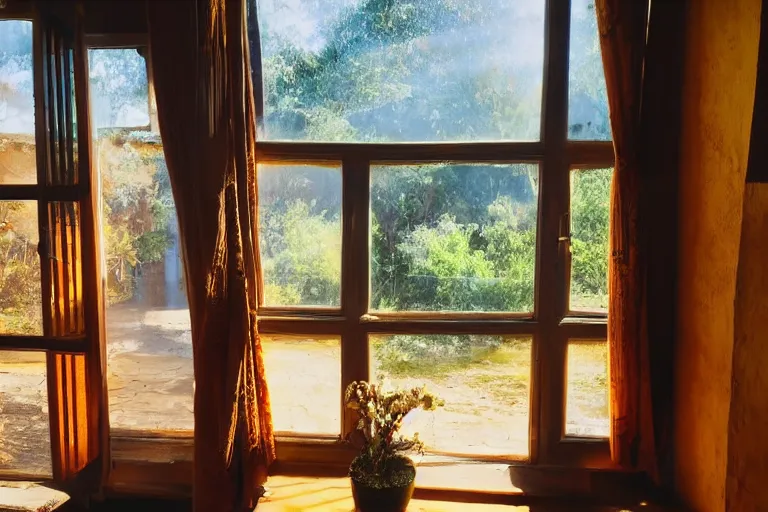 Image similar to rays of the morning sun shining through the window of the village house. very beautiful, clear sky, warm shiny colors