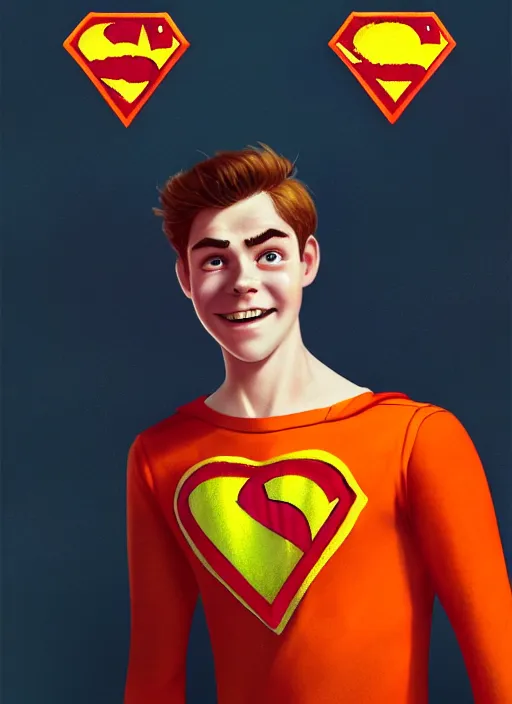 Image similar to friendly teenage archie andrews wearing an orange superhero costume with heart logo, freckles, superhero costume, heart emblem on chest, cape, intricate, elegant, glowing lights, highly detailed, digital painting, artstation, sharp focus, illustration, art by wlop, mars ravelo and greg rutkowski