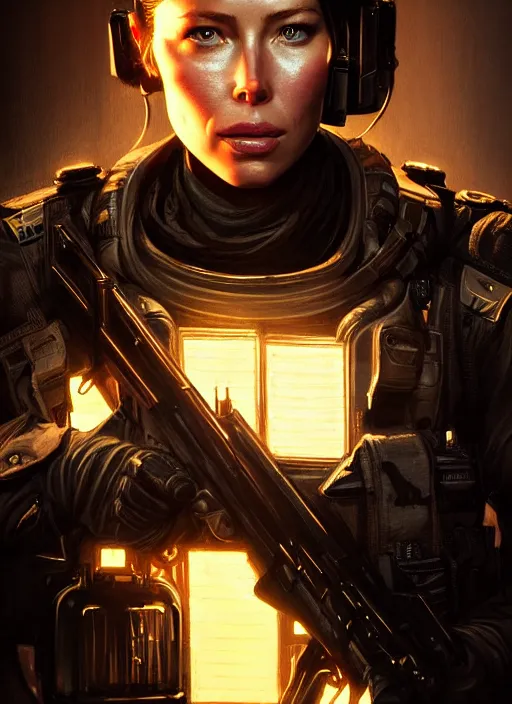 Image similar to portrait of call of duty black ops jessica biel, intricate, elegant, glowing lights, highly detailed, digital painting, artstation, glamor pose, concept art, smooth, sharp focus, illustration, art by artgerm and greg rutkowski, artey freytag