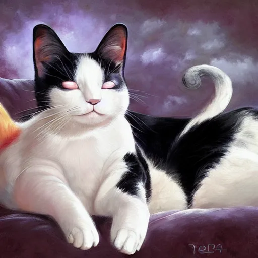 Prompt: a black and white cat and a tri-color calico cat sleeping peacefully together in cat heaven, puffy clouds, dreamy, painted by Tyler Edlin, very very very very crispy
