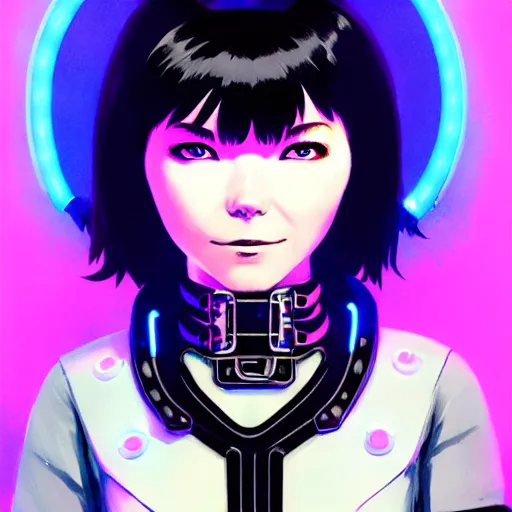 Image similar to a beautiful! bjork model, wearing futuristic cyber leather with articulate! glowing colored led lights, jrpg aztec street fashion, gapmoe yandere grimdark, trending on pixiv fanbox, painted by greg rutkowski makoto shinkai takashi takeuchi studio ghibli, akihiko yoshida