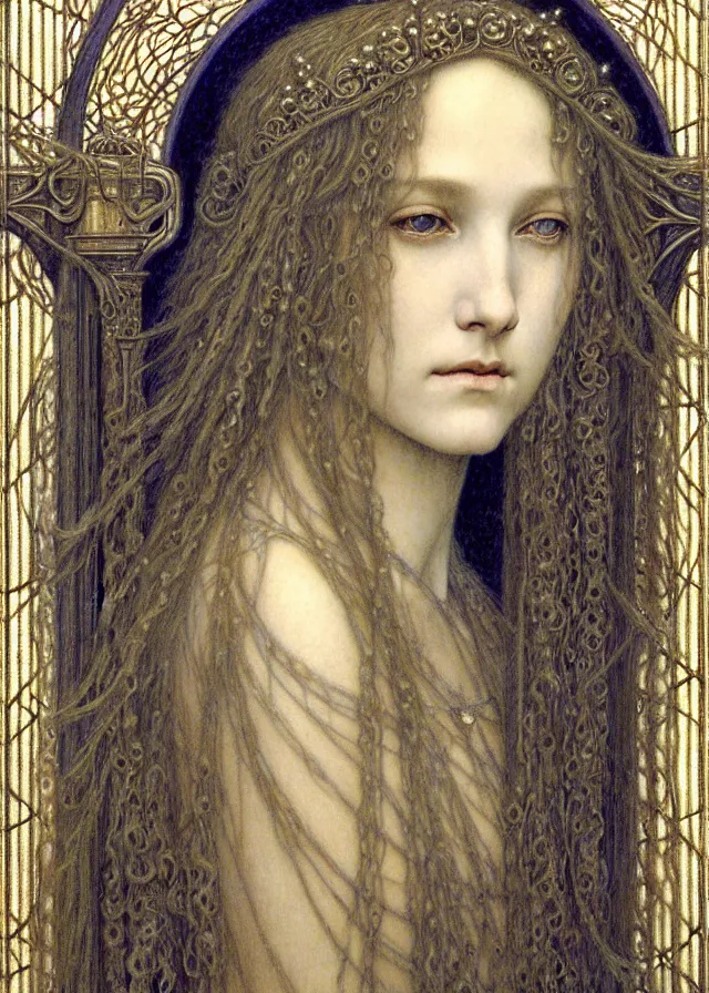 Image similar to detailed realistic beautiful young medieval queen face portrait by jean delville, gustave dore and marco mazzoni, art nouveau, symbolist, visionary, gothic, pre - raphaelite. horizontal symmetry