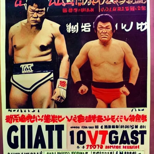 Prompt: advertisment poster for giant baba vs antonio inoki, 1 9 7 0, japan