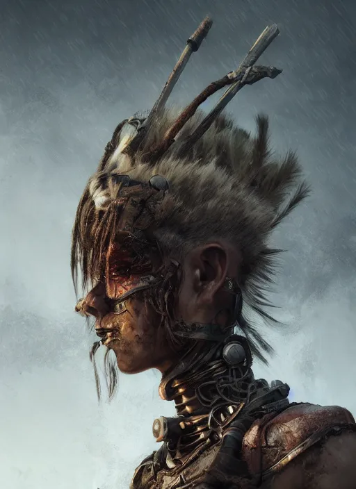 Image similar to hyper realistic photography portrait of postapocalyptic cyberpunk asian japanese cyborg tribal festival warrior amazon face cinematic, vallejo, craig mullins greg rutkowski, artstation, cgsociety