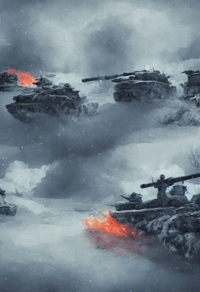 Prompt: handmade illustration of an epic and dramatic World War II war winter scene with german and soviet tanks involved, heavy snow storm, some mist grey smoke and fire, blue sky with dramatic clouds, line art, ink, ol on canvas by Kilian Eng and by Jake Parker, heavy brushstrokes, winning-award masterpiece, fantastic, octane render, 8K HD Resolution, High quality image