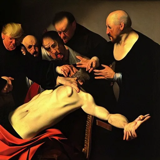 Image similar to the downfall of donald trump, by caravaggio,