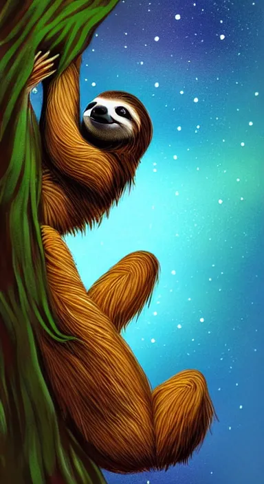 Image similar to a cute sloth hanging on a tree on a beautiful night with stars, made of beautiful colored thick flowing dramatic brush strokes, matte colors, trending on artstation