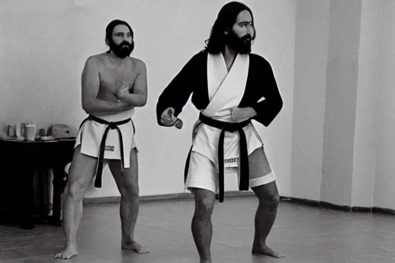 Prompt: photo of jesus learning karate in a dojo