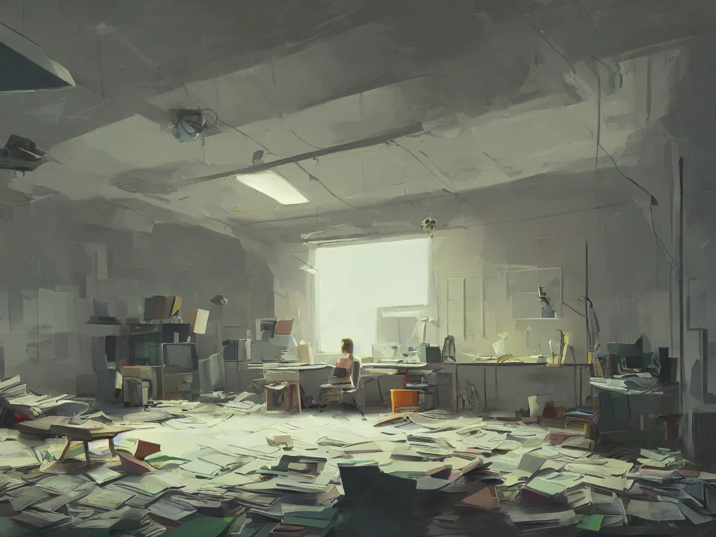 Image similar to a a huge room with large stacks of paper and files in a painting from stalenhag, 4 k, 8 k, hdr, artstation, concept art