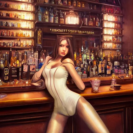 Image similar to highly detailed painting of a beautiful female wearing a skintight leather jacket in a bar, stephen bliss, 8 k, unreal engine, by greg rutkowski, loish, rhads, ferdinand knab, makoto shinkai and lois van baarle, ilya kuvshinov, rossdraws, tom bagshaw, global illumination, radiant light, detailed and intricate environment