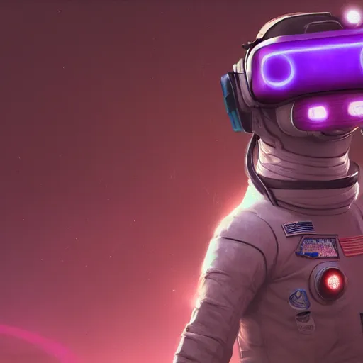 Image similar to cyberpunk astronaut bot, cinema 4 d, galaxy space sci - fi, wearing vr goggles, illustration, portrait, pastel neon textured background night, trending on artstation, greg rutkowski, octane rendered, 1 2 k, detailed,