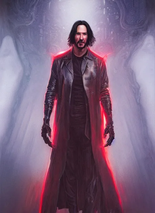 Image similar to Keanu Reeves, red glowing eyes, silver long hair, male, fantasy, extremely detailed, digital painting, artstation, concept art, smooth, sharp focus, illustration, stunning lighting, art by artgerm and greg rutkowski and alphonse mucha and simon stalenhag, realistic character concept, high fantasy, dark atmosphere, golden ratio, cinematic lighting, hyperdetailed, high resolution, insanely detailed and intricate, artstation, Marc Simonetti, Greg Rutkowski, 8k