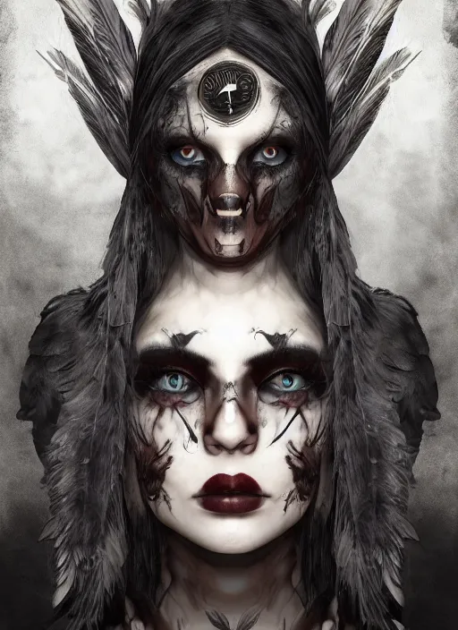 Image similar to digital art of a young woman in dark shamanistic ritual clothing accented by black feathers, dark ravenlike makeup on her face, post apocalyptic, dystopian, high resolution, highly detailed, fallout, raider, 4 k, artstation, dark lighting