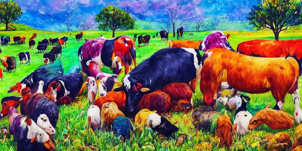 Image similar to beautiful and colorful painting of humans living in harmony with farm animals