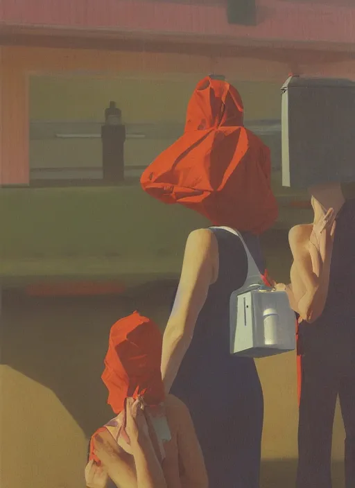 Prompt: women in paper bag over the head and a sward at gas station with portable oxygen tank Edward Hopper and James Gilleard, Zdzislaw Beksinski, highly detailed