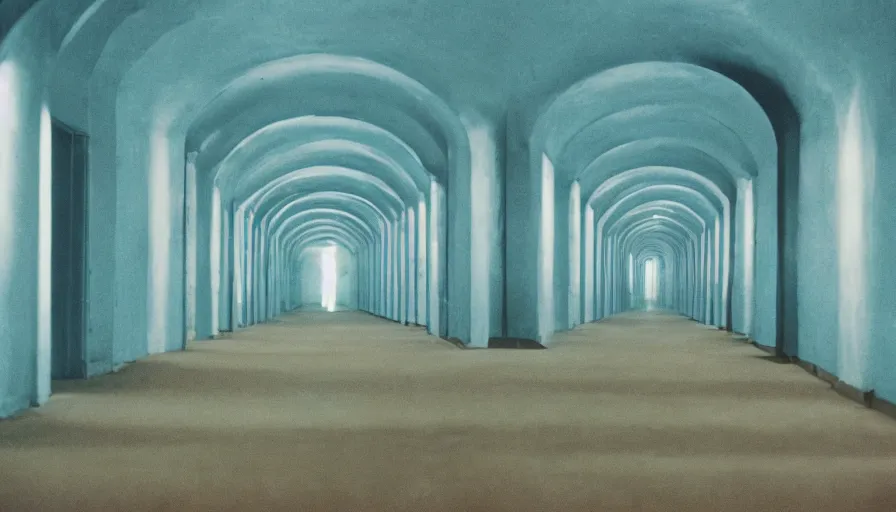 Image similar to 60s movie still of a sovietic stalinist style empty light blue tunnel, cinestill 800t 50mm eastmancolor, liminal Space style, heavy grain-s 150