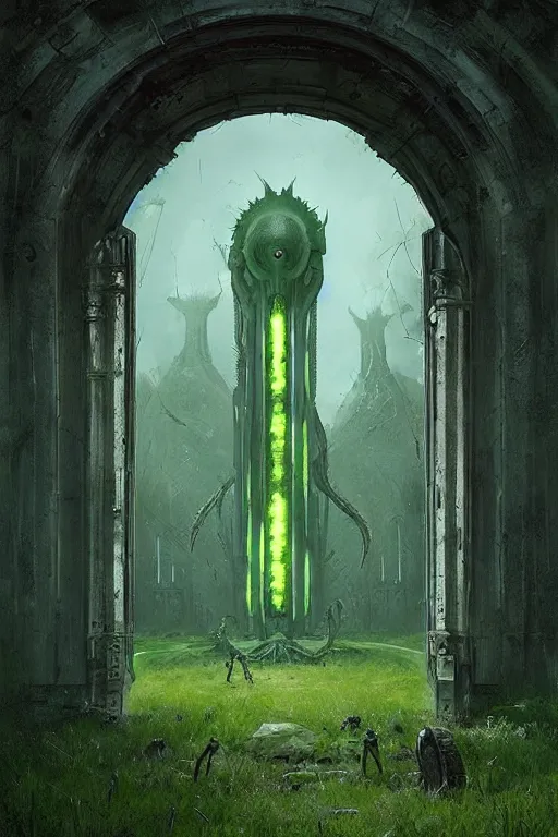 Prompt: portal from hell to a beautiful green meadow by giger, greg rutkowski
