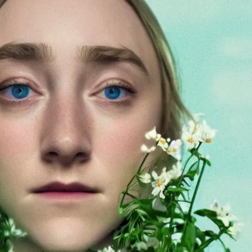 Prompt: a beautiful portrait of Saoirse Ronan's face as she appeared in Lady Bird, surrounded by flowers and foliage, minimalist background, soft pastels