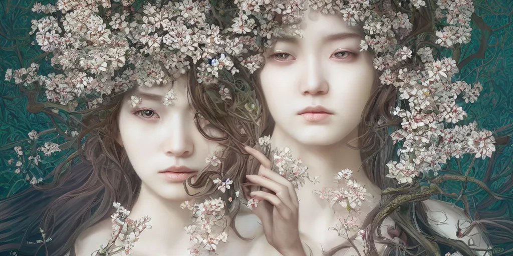 Image similar to breathtaking detailed concept art portrait painting of the goddess of white flowers, orthodox saint, with anxious, piercing eyes, ornate background, amalgamation of leaves and flowers, by Hsiao-Ron Cheng, James jean, Miho Hirano, Hayao Miyazaki, extremely moody lighting, 8K