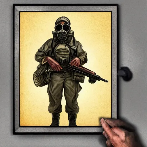 Prompt: portrait artwork of soldier wearing a gas mask holding ak-47. Artwork by Dan Mumford, realistic cinematic lighting, ultra detailed, hyper realism