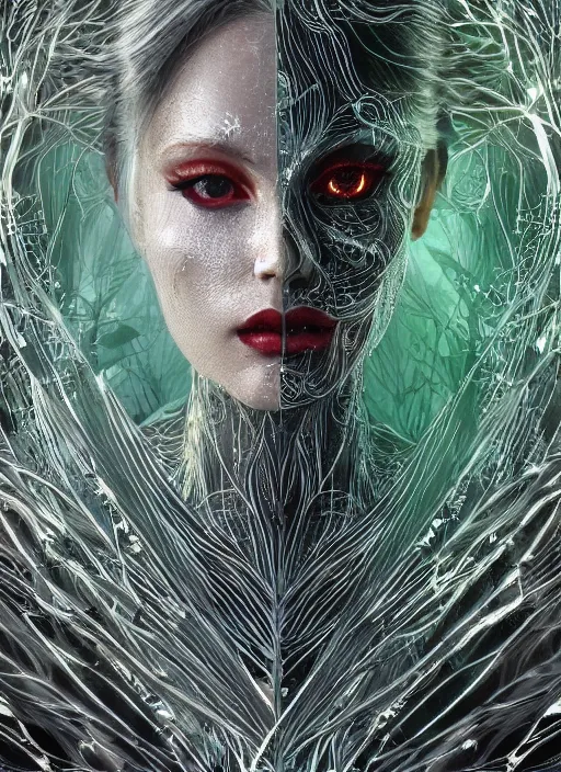 Image similar to glowing silver and golden elements, full close-up portrait, vector dark witch from unsplash, book cover, green forest, white moon, red lips, establishing shot, extremly high detail, photo-realistic, cinematic lighting, pen and ink, intricate line drawings, by Yoshitaka Amano, Ruan Jia, Kentaro Miura, Artgerm, post processed, concept art, artstation, matte painting, style by eddie mendoza, raphael lacoste, alex ross