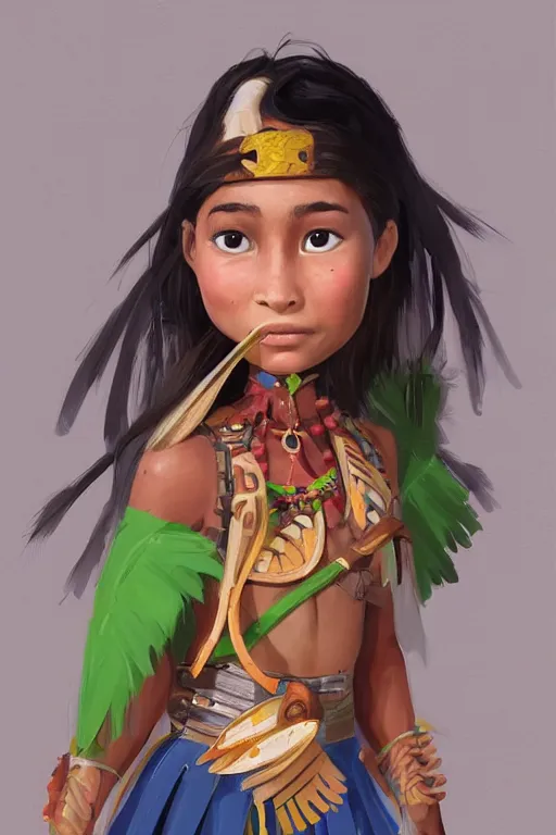 Image similar to a professional cartoony portrait of a indigenous happy kid female warrior, clothed in traditional colombian dance, long dark hair, beautiful bone structure, symmetrical facial features, green eyes, intricate, elegant and graceful, digital painting, concept art, smooth, sharp focus, illustration, finely detailed, from Rayman legends by Ruan Jia and Mandy Jurgens and Artgerm and William-Adolphe Bouguerea, award winning art, trending on Artstation