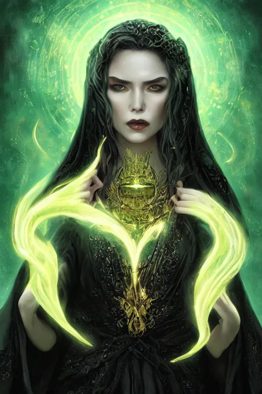 Image similar to a close - up portrait of a hauntingly beautiful sorceress wearing a black robe with gold embroidery, casting a spell, green glows, painted by artgerm and tom bagshaw, highly detailed digital art